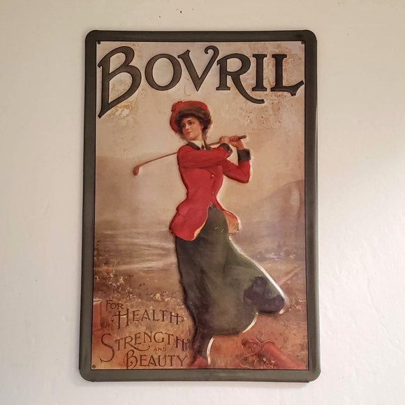 New VINTAGE Sturdy Metal Tin Sign Europe Woman Playing Golf BOVRIL - Picture 5 of 12